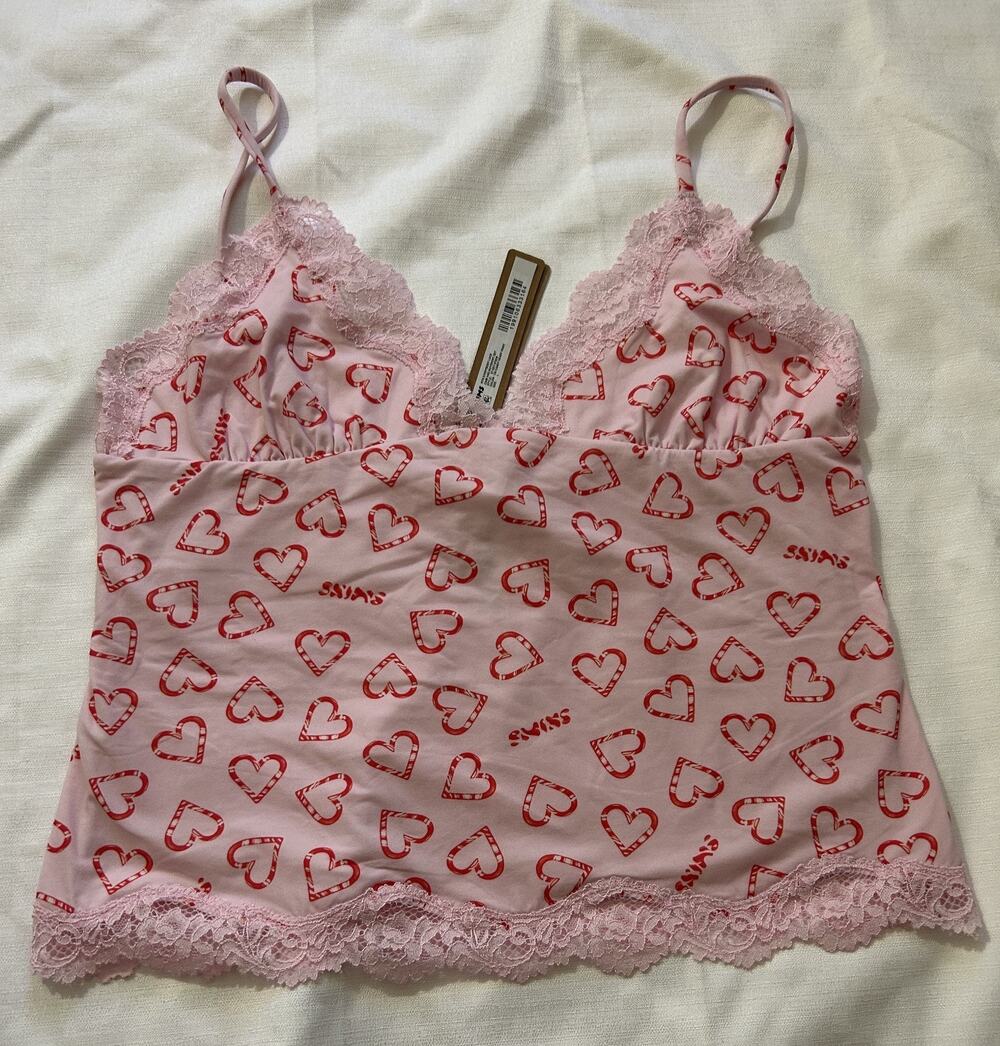 Skims NWT Fits Everybody Lace Cami & BoyShort Set Candy Heart Print Size Large